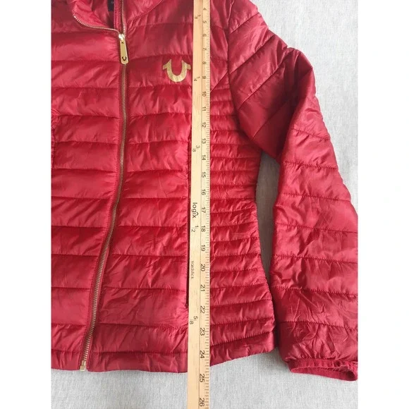 True Religion Mens Large Art Logo Full Zip Down Puffer Jacket Red Pure Polyester